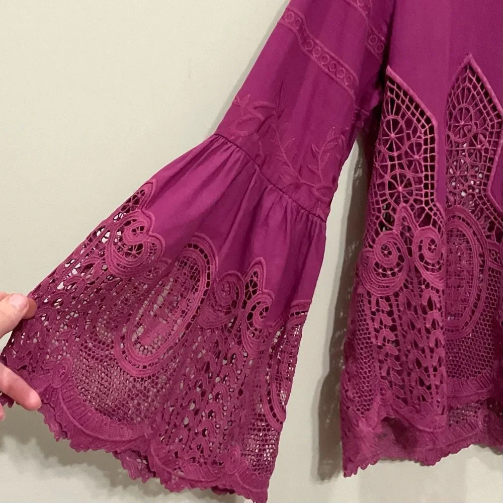 Anthropologie Chloe Oliver Lace Top Embroidered Bell Sleeve Blouse Sz Lg Shirt